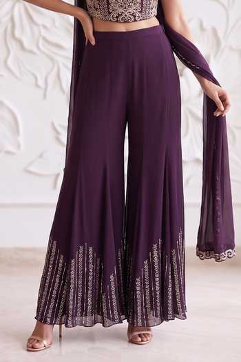 Buy_Maisolos_Wine Net, Georgette Zari, Sequins Sweetheart Neck Embroidered Blouse Sharara Set _Online_at_Aza_Fashions