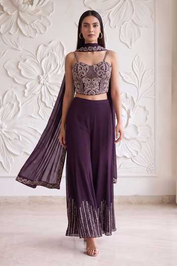 Shop_Maisolos_Wine Net, Georgette Zari, Sequins Sweetheart Neck Embroidered Blouse Sharara Set _Online_at_Aza_Fashions