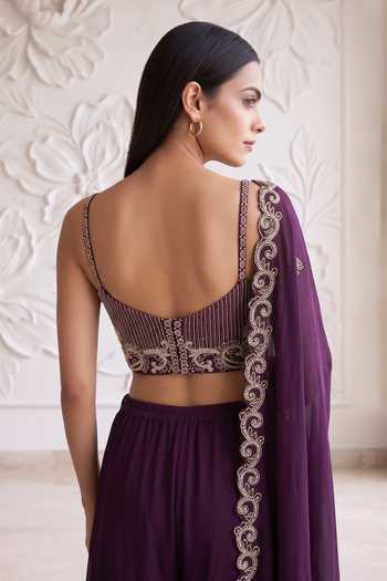 Maisolos_Wine Net, Georgette Zari, Sequins Sweetheart Neck Embroidered Blouse Sharara Set _at_Aza_Fashions