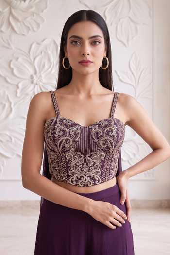 Buy_Maisolos_Wine Net, Georgette Zari, Sequins Sweetheart Neck Embroidered Blouse Sharara Set 