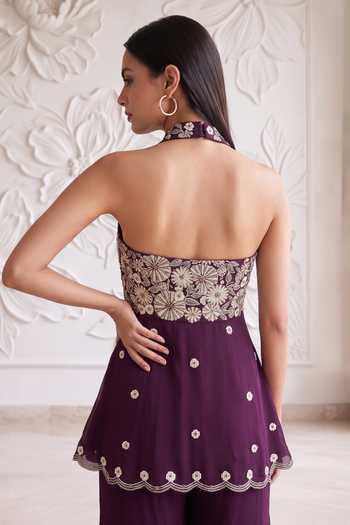 Maisolos Purple Net, Georgette Halter Neck, Yes Embroidered Kurta Set at Aza Fashions Maisolos_Purple Net, Georgette Halter Neck, Yes Embroidered Kurta Set _at_Aza_Fashions