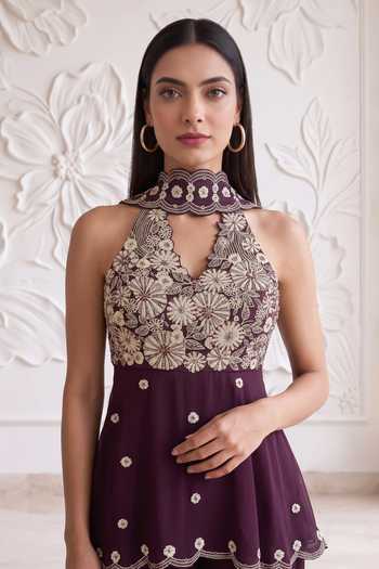 Buy Maisolos Purple Net, Georgette Halter Neck, Yes Embroidered Kurta Set Buy_Maisolos_Purple Net, Georgette Halter Neck, Yes Embroidered Kurta Set