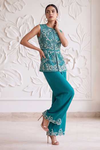 Maisolos_Blue Georgette Embroidery Round Neck Jacket And Palazzo Set _Online_at_Aza_Fashions