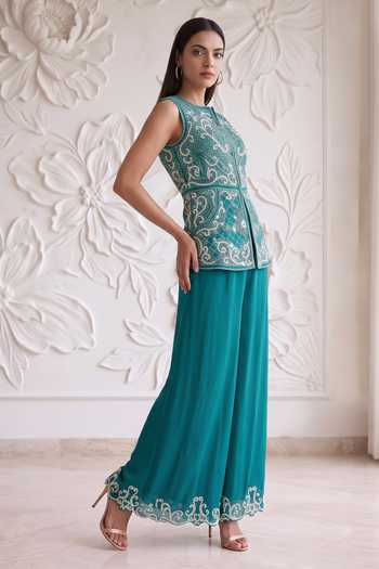 Buy_Maisolos_Blue Georgette Embroidery Round Neck Jacket And Palazzo Set _Online_at_Aza_Fashions