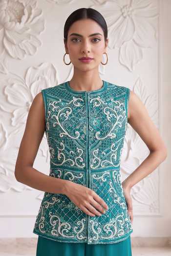 Maisolos_Blue Georgette Embroidery Round Neck Jacket And Palazzo Set _at_Aza_Fashions