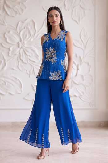 Maisolos Blue Net, Georgette V-neck Embroidered Jacket And Sharara Set Online at Aza Fashions Maisolos_Blue Net, Georgette V-neck Embroidered Jacket And Sharara Set _Online_at_Aza_Fashions