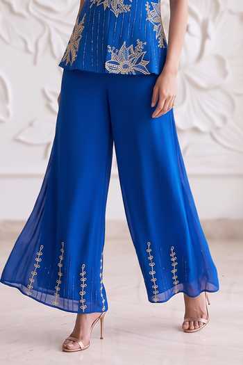 Buy Maisolos Blue Net, Georgette V-neck Embroidered Jacket And Sharara Set Online at Aza Fashions Buy_Maisolos_Blue Net, Georgette V-neck Embroidered Jacket And Sharara Set _Online_at_Aza_Fashions