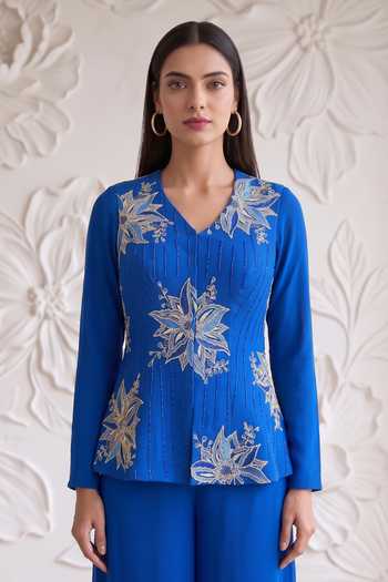 Shop Maisolos Blue Net, Georgette V-neck Embroidered Jacket And Sharara Set Online at Aza Fashions Shop_Maisolos_Blue Net, Georgette V-neck Embroidered Jacket And Sharara Set _Online_at_Aza_Fashions