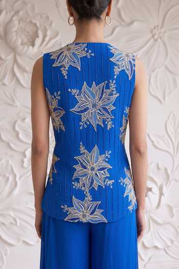 Maisolos Blue Net, Georgette V-neck Embroidered Jacket And Sharara Set at Aza Fashions Maisolos_Blue Net, Georgette V-neck Embroidered Jacket And Sharara Set _at_Aza_Fashions