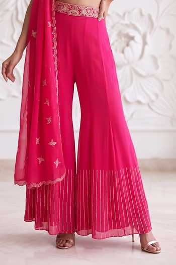 Maisolos_Fuchsia Net, Georgette Leaf Neck Embroidered Blouse Sharara Set _Online_at_Aza_Fashions