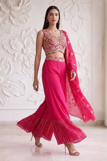 Buy_Maisolos_Fuchsia Net, Georgette Leaf Neck Embroidered Blouse Sharara Set _Online_at_Aza_Fashions