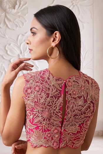 Shop_Maisolos_Fuchsia Net, Georgette Leaf Neck Embroidered Blouse Sharara Set _Online_at_Aza_Fashions