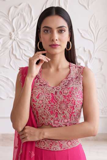 Maisolos_Fuchsia Net, Georgette Leaf Neck Embroidered Blouse Sharara Set _at_Aza_Fashions