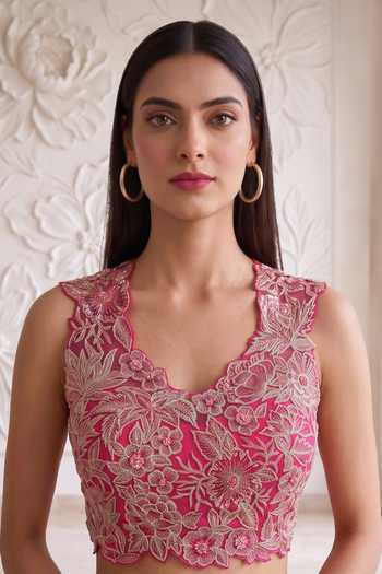 Buy_Maisolos_Fuchsia Net, Georgette Leaf Neck Embroidered Blouse Sharara Set 