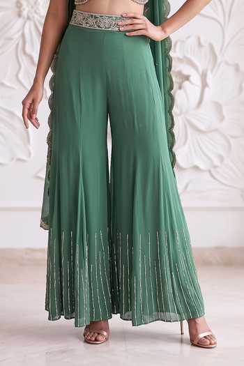 Maisolos_Green Net, Georgette Leaf Neck Embroidered Blouse Sharara Set _Online_at_Aza_Fashions