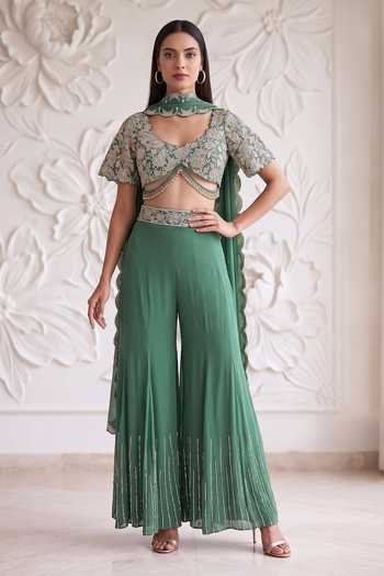 Buy_Maisolos_Green Net, Georgette Leaf Neck Embroidered Blouse Sharara Set _Online_at_Aza_Fashions