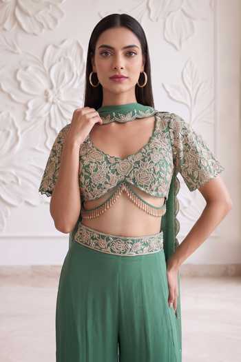 Shop_Maisolos_Green Net, Georgette Leaf Neck Embroidered Blouse Sharara Set _Online_at_Aza_Fashions