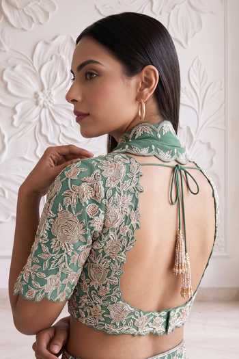 Maisolos_Green Net, Georgette Leaf Neck Embroidered Blouse Sharara Set _at_Aza_Fashions
