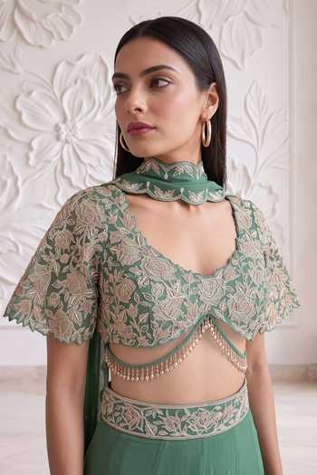 Buy_Maisolos_Green Net, Georgette Leaf Neck Embroidered Blouse Sharara Set 