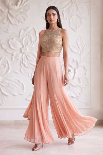 Maisolos_Peach Net, Georgette High Neck Embroidered Blouse Sharara Set _Online_at_Aza_Fashions