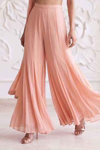 Buy_Maisolos_Peach Net, Georgette High Neck Embroidered Blouse Sharara Set _Online_at_Aza_Fashions