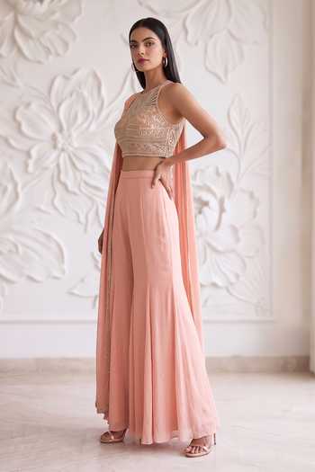 Shop_Maisolos_Peach Net, Georgette High Neck Embroidered Blouse Sharara Set _Online_at_Aza_Fashions