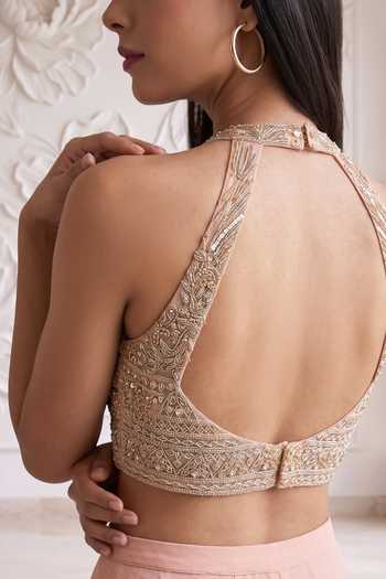 Buy_Maisolos_Peach Net, Georgette High Neck Embroidered Blouse Sharara Set 
