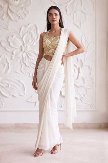 Maisolos Pleated Pre-Draped Saree With Embroidered Blouse 