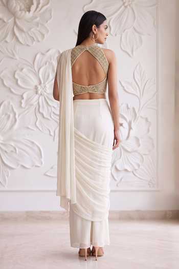 Maisolos Pleated Pre-Draped Saree With Embroidered Blouse 