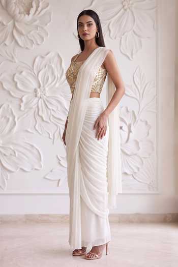 Maisolos_Ivory Georgette, Net Square Pleated Pre-draped Saree With Embroidered Blouse _Online_at_Aza_Fashions