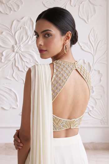 Buy_Maisolos_Ivory Georgette, Net Square Pleated Pre-draped Saree With Embroidered Blouse _Online_at_Aza_Fashions