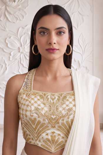 Shop_Maisolos_Ivory Georgette, Net Square Pleated Pre-draped Saree With Embroidered Blouse _Online_at_Aza_Fashions