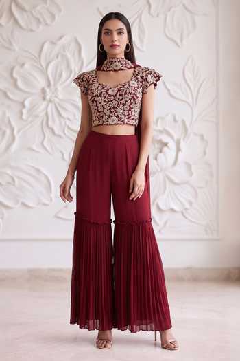 Maisolos_Maroon Net, Georgette Round Neck Floral Embroidered Blouse Sharara Set _Online_at_Aza_Fashions
