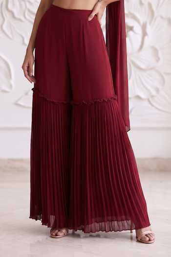 Buy_Maisolos_Maroon Net, Georgette Round Neck Floral Embroidered Blouse Sharara Set _Online_at_Aza_Fashions
