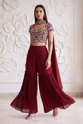 Shop_Maisolos_Maroon Net, Georgette Round Neck Floral Embroidered Blouse Sharara Set _Online_at_Aza_Fashions