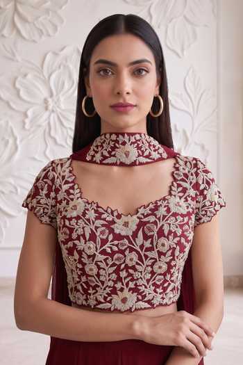 Maisolos_Maroon Net, Georgette Round Neck Floral Embroidered Blouse Sharara Set _at_Aza_Fashions