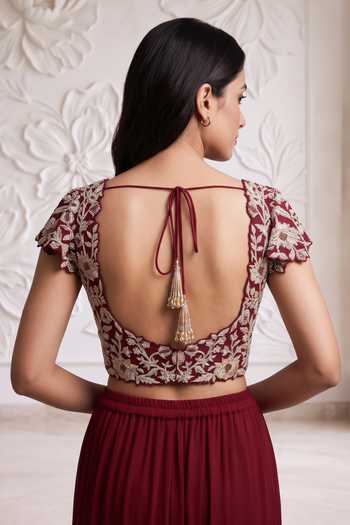 Buy_Maisolos_Maroon Net, Georgette Round Neck Floral Embroidered Blouse Sharara Set 