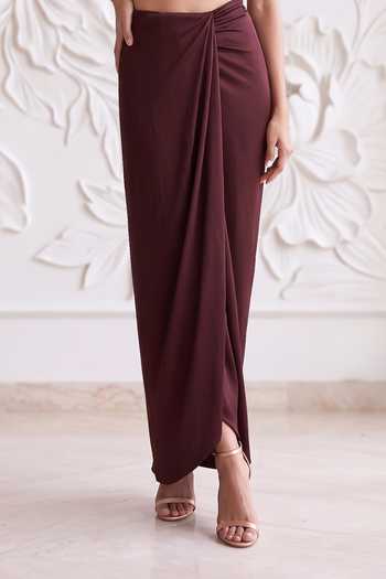 Maisolos_Brown Net, Lycra High Neck Embroidered Blouse And Skirt Set _Online_at_Aza_Fashions