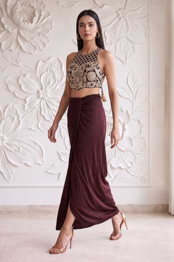 Buy_Maisolos_Brown Net, Lycra High Neck Embroidered Blouse And Skirt Set _Online_at_Aza_Fashions