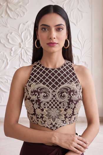 Maisolos_Brown Net, Lycra High Neck Embroidered Blouse And Skirt Set _at_Aza_Fashions