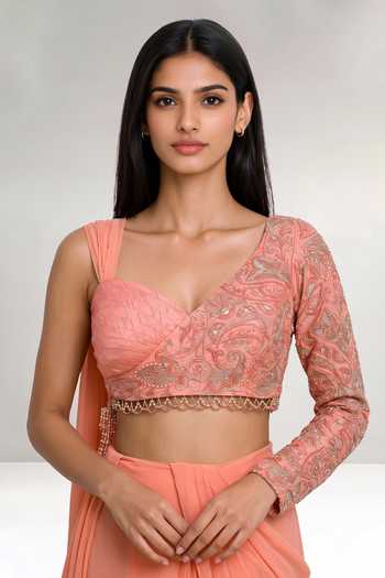 Maisolos_Coral Net, Georgette Asymmetric Neck Pre-draped Saree With Embroidered Blouse _Online_at_Aza_Fashions