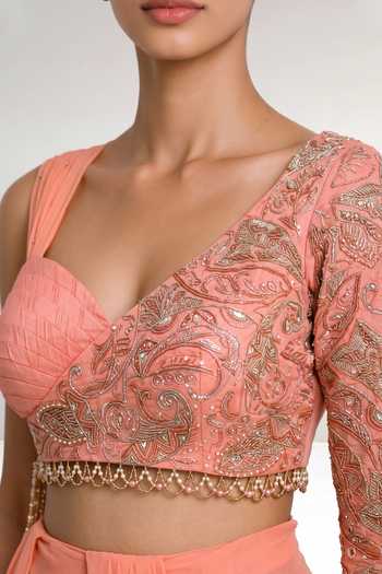 Buy_Maisolos_Coral Net, Georgette Asymmetric Neck Pre-draped Saree With Embroidered Blouse _Online_at_Aza_Fashions