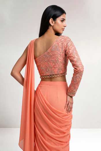 Shop_Maisolos_Coral Net, Georgette Asymmetric Neck Pre-draped Saree With Embroidered Blouse _Online_at_Aza_Fashions