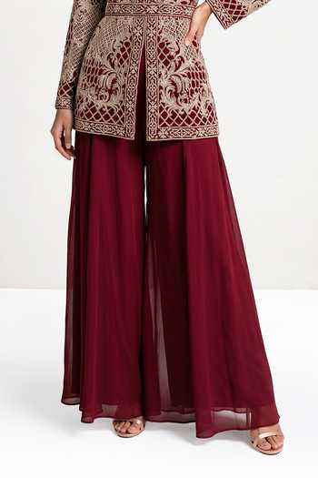 Maisolos_Burgundy Net, Georgette Round Neck Embroidered Jacket And Sharara Set _Online_at_Aza_Fashions