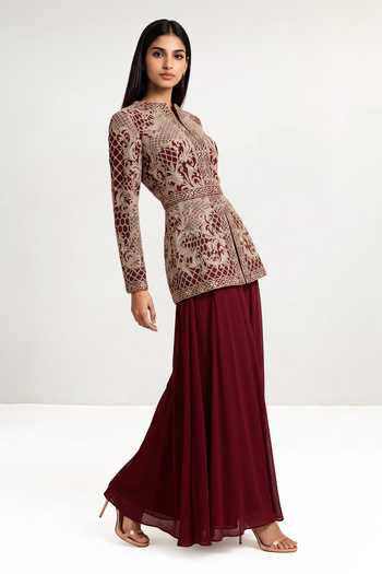 Buy_Maisolos_Burgundy Net, Georgette Round Neck Embroidered Jacket And Sharara Set _Online_at_Aza_Fashions