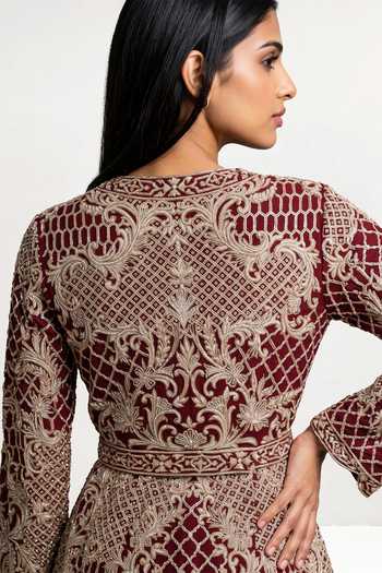 Shop_Maisolos_Burgundy Net, Georgette Round Neck Embroidered Jacket And Sharara Set _Online_at_Aza_Fashions