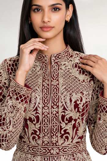 Maisolos_Burgundy Net, Georgette Round Neck Embroidered Jacket And Sharara Set _at_Aza_Fashions