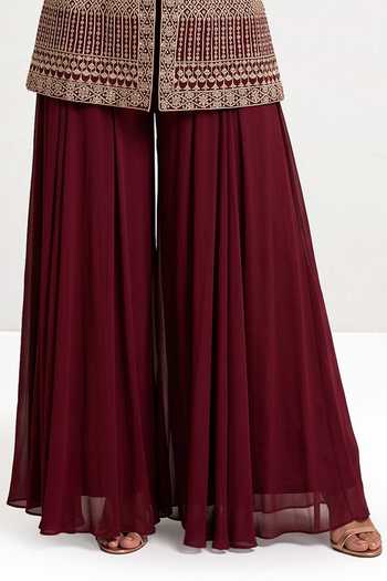 Maisolos_Maroon Net, Georgette Round Neck Hand Embroidered Jacket And Palazzo Set _Online_at_Aza_Fashions