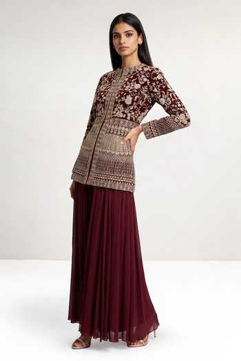 Buy_Maisolos_Maroon Net, Georgette Round Neck Hand Embroidered Jacket And Palazzo Set _Online_at_Aza_Fashions