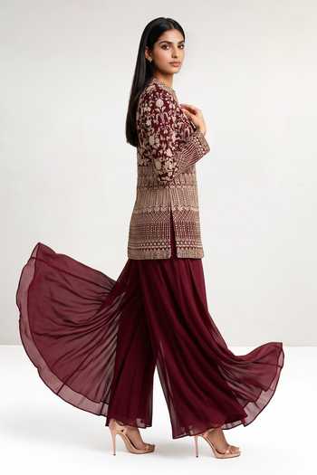 Shop_Maisolos_Maroon Net, Georgette Round Neck Hand Embroidered Jacket And Palazzo Set _Online_at_Aza_Fashions